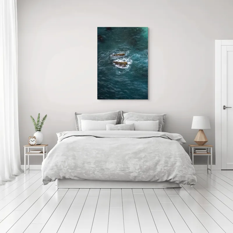 Tablou Canvas, "Pietre înspumate în largul mării", Albastru, Valuri, Rocă, Spumă, Ocean, Reverb, Apă, Textură, 70 x 100 cm – poza 3