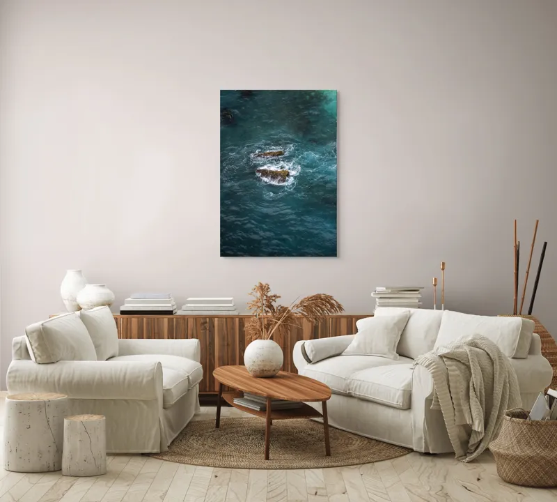 Tablou Canvas, "Pietre înspumate în largul mării", Albastru, Valuri, Rocă, Spumă, Ocean, Reverb, Apă, Textură, 70 x 100 cm – poza 4