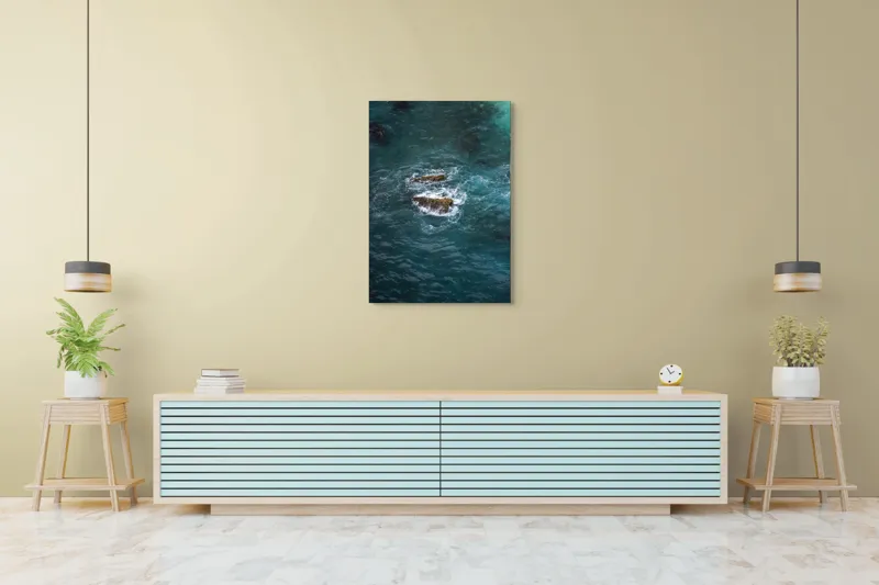 Tablou Canvas, "Pietre înspumate în largul mării", Albastru, Valuri, Rocă, Spumă, Ocean, Reverb, Apă, Textură, 70 x 100 cm – poza 5
