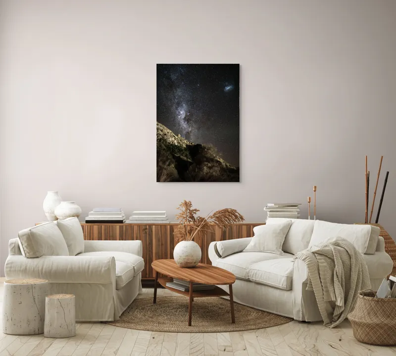 Tablou Canvas, "Calea Lactee deasupra stâncilor iluminată", Stele, Cer, Roci, Univers, Noapte, Peisaj, Galaxie, Mister, Natură, Lumină, 70 x 100 cm – poza 4