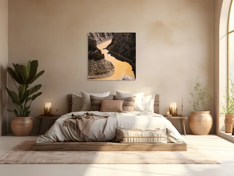 Tablou Canvas, "Canionul râului de aur strălucitor", Râu, Canion, Stânci, Apă, Natură, Cer, Peisaj, Stâncos, Albie, Răsucire, Umbre, Straturi., 100 x 100 cm – poza 4