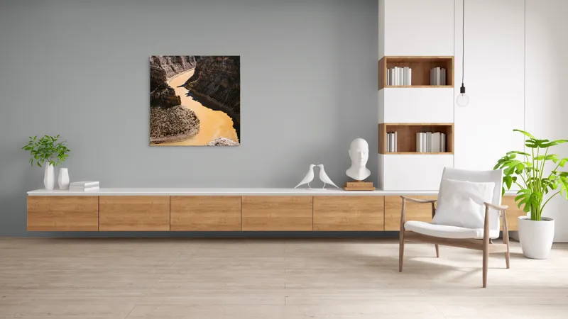Tablou Canvas, "Canionul râului de aur strălucitor", Râu, Canion, Stânci, Apă, Natură, Cer, Peisaj, Stâncos, Albie, Răsucire, Umbre, Straturi., 100 x 100 cm – poza 8