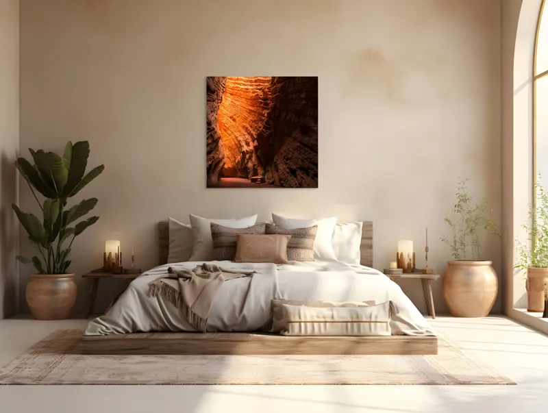 Tablou Canvas, "Strălucirea soarelui în peșteră roșiatică", Roci, Stânci, Umbre, Lumină, Texturi, Adâncime, Peisaj, Natural, Forme, Spectaculos, 100 x 100 cm – poza 4