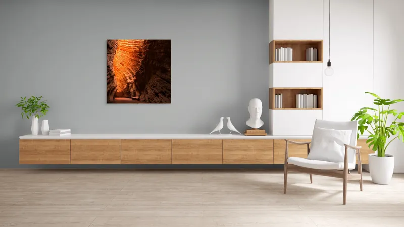 Tablou Canvas, "Strălucirea soarelui în peșteră roșiatică", Roci, Stânci, Umbre, Lumină, Texturi, Adâncime, Peisaj, Natural, Forme, Spectaculos, 100 x 100 cm – poza 8