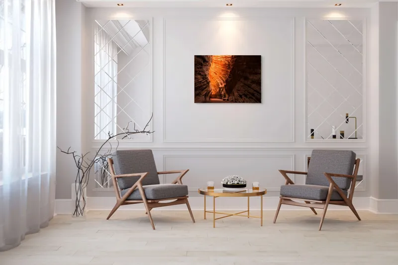 Tablou Canvas, "Strălucirea soarelui în peșteră roșiatică", Roci, Stânci, Umbre, Lumină, Texturi, Adâncime, Peisaj, Natural, Forme, Spectaculos, 100 x 70 cm – poza 5