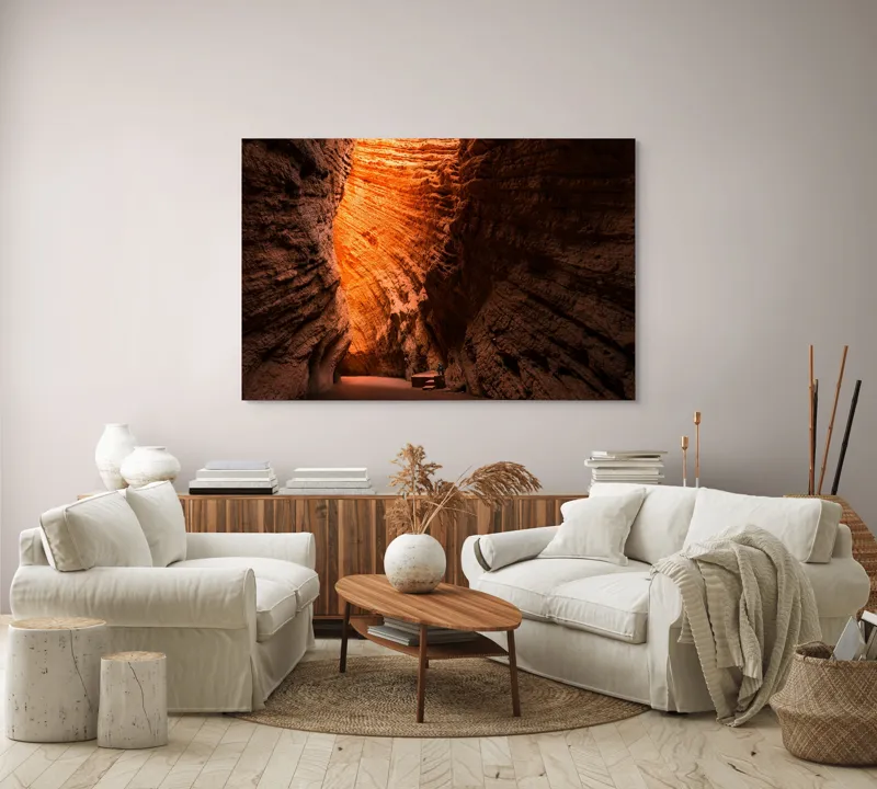 Tablou Canvas, "Strălucirea soarelui în peșteră roșiatică", Roci, Stânci, Umbre, Lumină, Texturi, Adâncime, Peisaj, Natural, Forme, Spectaculos, 150 x 100 cm – poza 3