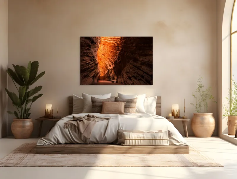 Tablou Canvas, "Strălucirea soarelui în peșteră roșiatică", Roci, Stânci, Umbre, Lumină, Texturi, Adâncime, Peisaj, Natural, Forme, Spectaculos, 150 x 100 cm – poza 4