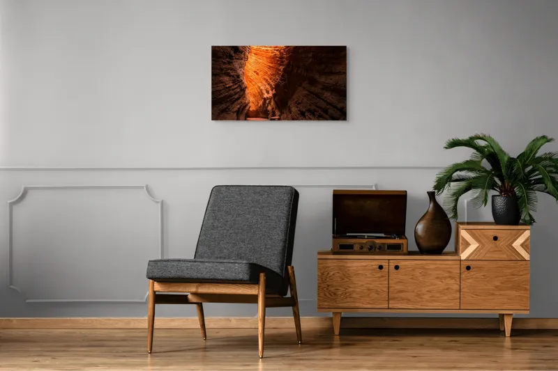 Tablou Canvas, "Strălucirea soarelui în peșteră roșiatică", Roci, Stânci, Umbre, Lumină, Texturi, Adâncime, Peisaj, Natural, Forme, Spectaculos, 90 x 50 cm – poza 6
