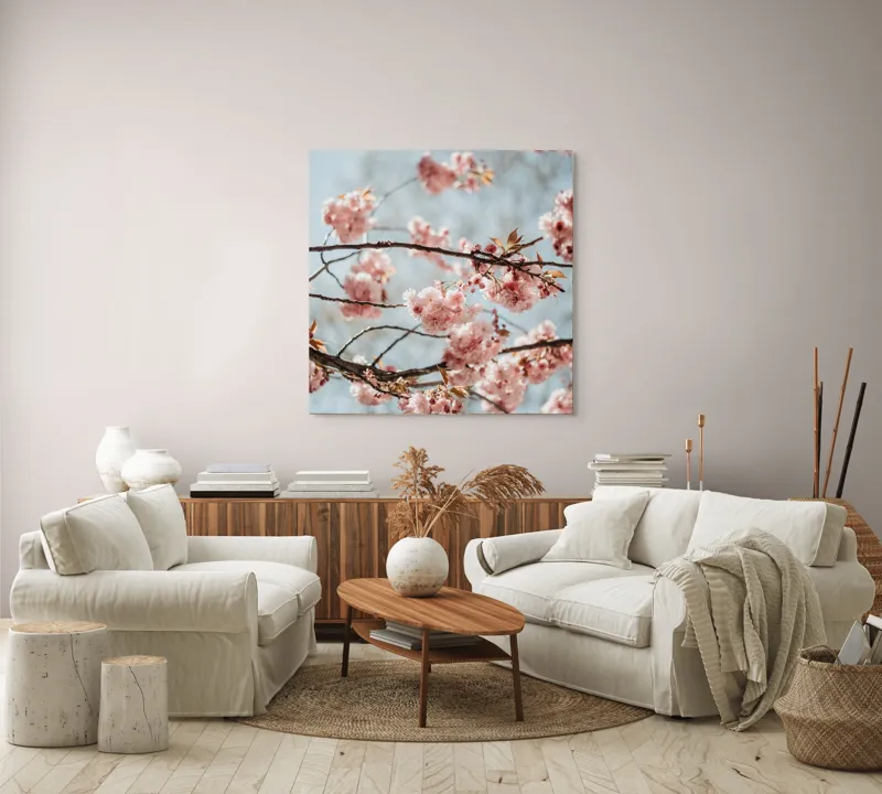 Tablou Canvas, "Sakura sub cer senin de primăvară", Flori, Roz, Crengi, Primăvară, Cer, Delicat, Natură, Petale, Frunze, Frumusețe, 100 x 100 cm – poza 3