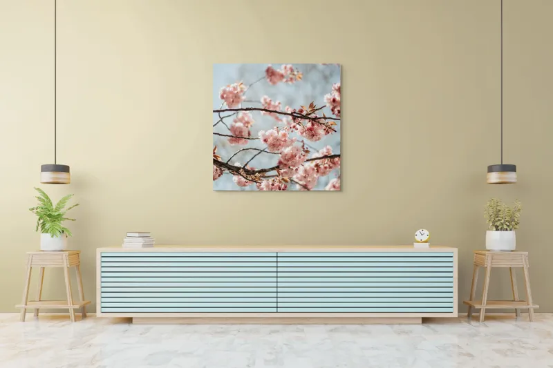 Tablou Canvas, "Sakura sub cer senin de primăvară", Flori, Roz, Crengi, Primăvară, Cer, Delicat, Natură, Petale, Frunze, Frumusețe, 100 x 100 cm – poza 5