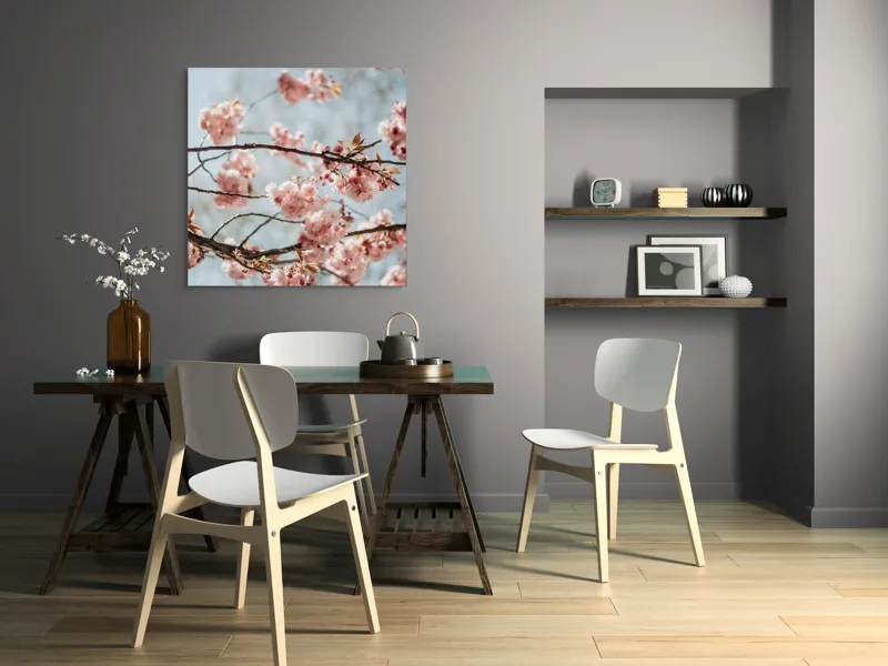 Tablou Canvas, "Sakura sub cer senin de primăvară", Flori, Roz, Crengi, Primăvară, Cer, Delicat, Natură, Petale, Frunze, Frumusețe, 100 x 100 cm – poza 6