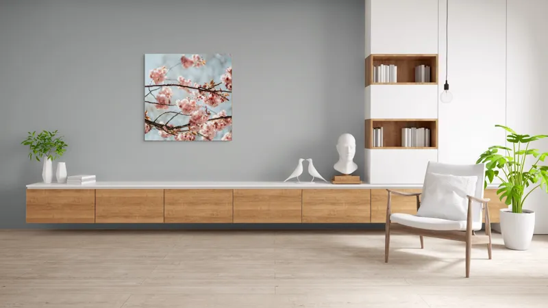 Tablou Canvas, "Sakura sub cer senin de primăvară", Flori, Roz, Crengi, Primăvară, Cer, Delicat, Natură, Petale, Frunze, Frumusețe, 100 x 100 cm – poza 8