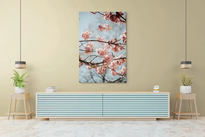 Tablou Canvas, "Sakura sub cer senin de primăvară", Flori, Roz, Crengi, Primăvară, Cer, Delicat, Natură, Petale, Frunze, Frumusețe, 100 x 150 cm – poza 4