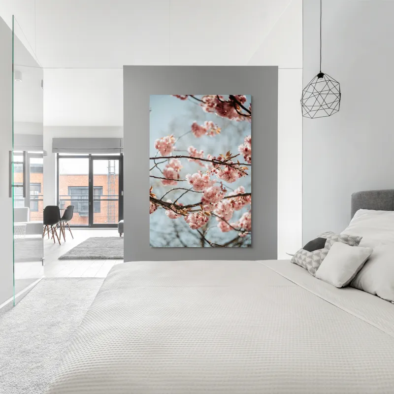 Tablou Canvas, "Sakura sub cer senin de primăvară", Flori, Roz, Crengi, Primăvară, Cer, Delicat, Natură, Petale, Frunze, Frumusețe, 100 x 150 cm – poza 5