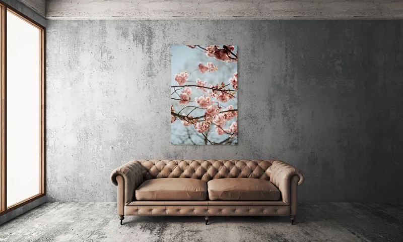 Tablou Canvas, "Sakura sub cer senin de primăvară", Flori, Roz, Crengi, Primăvară, Cer, Delicat, Natură, Petale, Frunze, Frumusețe, 100 x 150 cm – poza 6