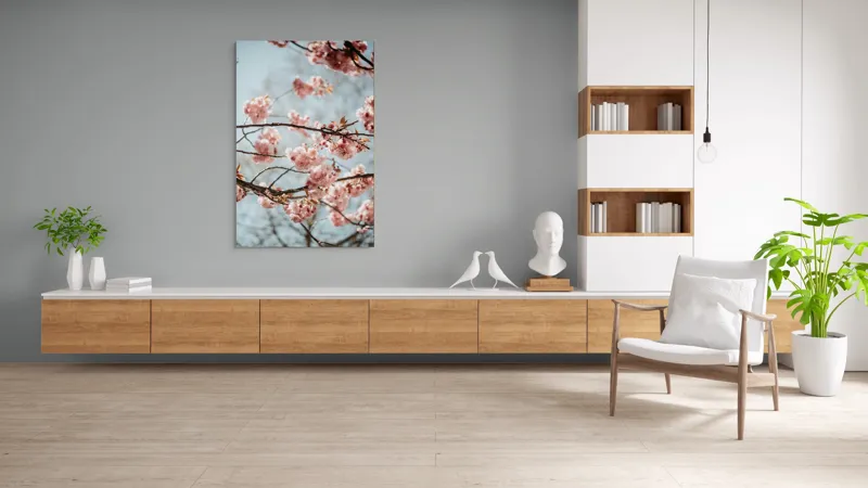 Tablou Canvas, "Sakura sub cer senin de primăvară", Flori, Roz, Crengi, Primăvară, Cer, Delicat, Natură, Petale, Frunze, Frumusețe, 100 x 150 cm – poza 8