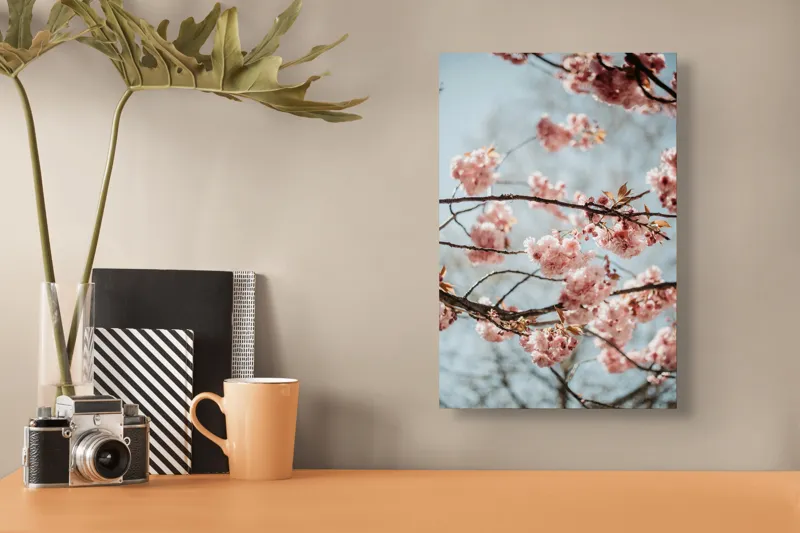 Tablou Canvas, "Sakura sub cer senin de primăvară", Flori, Roz, Crengi, Primăvară, Cer, Delicat, Natură, Petale, Frunze, Frumusețe, 26 x 39 cm – poza 3