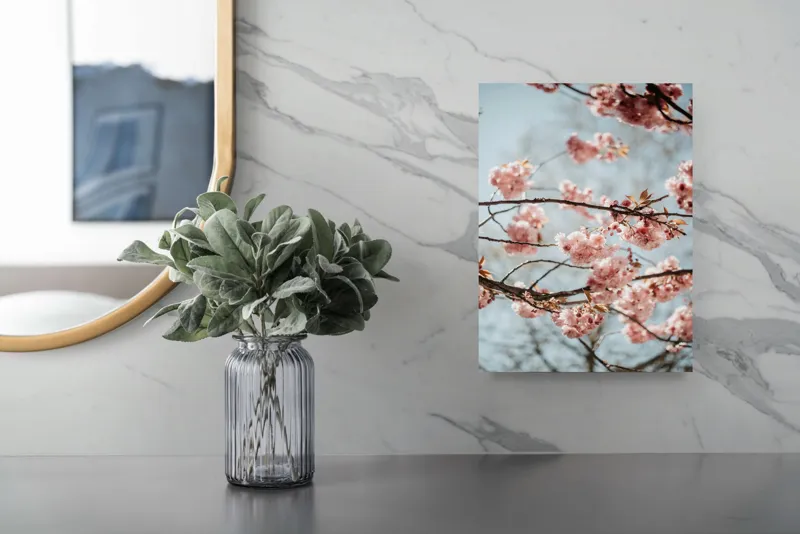 Tablou Canvas, "Sakura sub cer senin de primăvară", Flori, Roz, Crengi, Primăvară, Cer, Delicat, Natură, Petale, Frunze, Frumusețe, 26 x 39 cm – poza 4