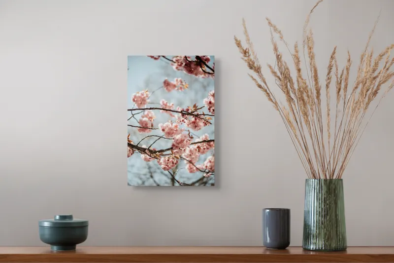Tablou Canvas, "Sakura sub cer senin de primăvară", Flori, Roz, Crengi, Primăvară, Cer, Delicat, Natură, Petale, Frunze, Frumusețe, 26 x 39 cm – poza 5