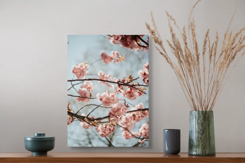 Tablou Canvas, "Sakura sub cer senin de primăvară", Flori, Roz, Crengi, Primăvară, Cer, Delicat, Natură, Petale, Frunze, Frumusețe, 39 x 54 cm – poza 3