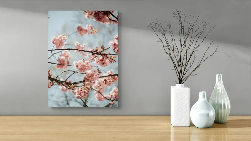 Tablou Canvas, "Sakura sub cer senin de primăvară", Flori, Roz, Crengi, Primăvară, Cer, Delicat, Natură, Petale, Frunze, Frumusețe, 39 x 54 cm – poza 4