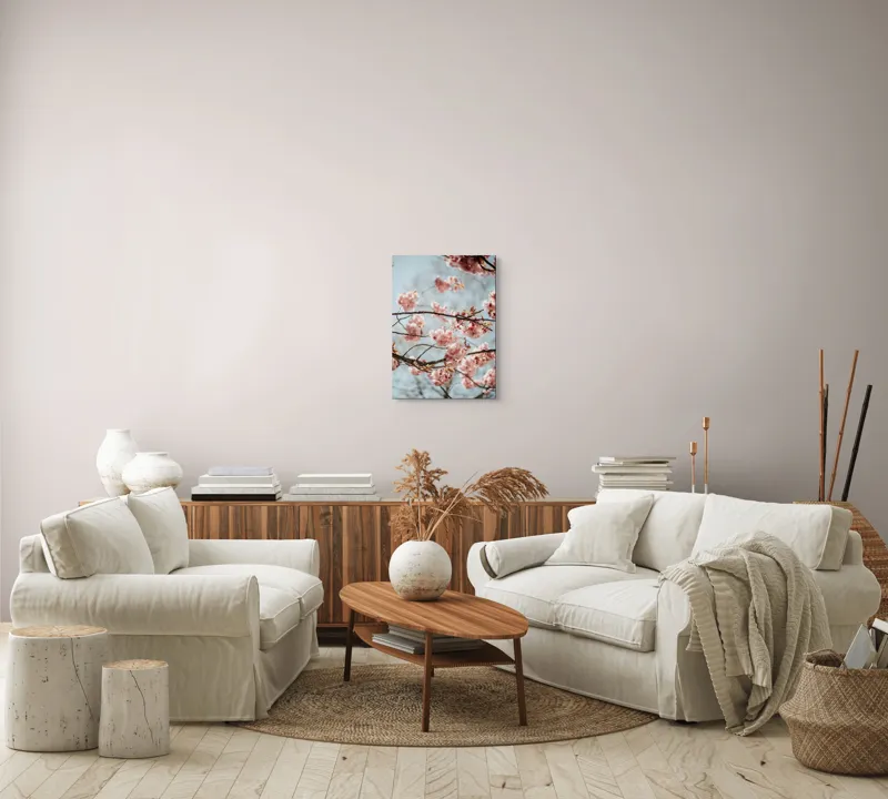 Tablou Canvas, "Sakura sub cer senin de primăvară", Flori, Roz, Crengi, Primăvară, Cer, Delicat, Natură, Petale, Frunze, Frumusețe, 39 x 54 cm – poza 5