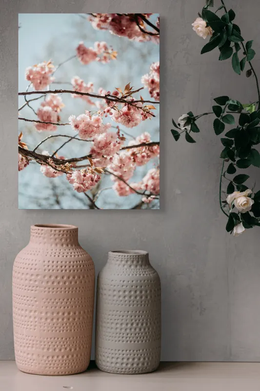 Tablou Canvas, "Sakura sub cer senin de primăvară", Flori, Roz, Crengi, Primăvară, Cer, Delicat, Natură, Petale, Frunze, Frumusețe, 39 x 54 cm – poza 6
