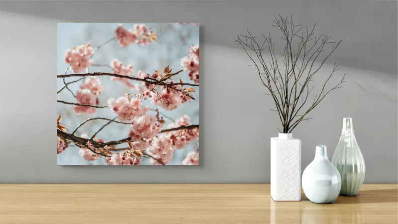 Tablou Canvas, "Sakura sub cer senin de primăvară", Flori, Roz, Crengi, Primăvară, Cer, Delicat, Natură, Petale, Frunze, Frumusețe, 50 x 50 cm – poza 3