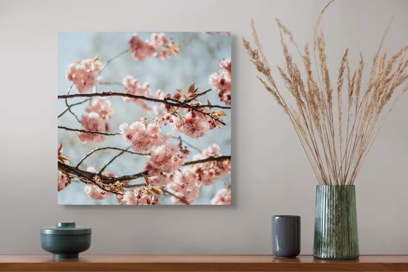 Tablou Canvas, "Sakura sub cer senin de primăvară", Flori, Roz, Crengi, Primăvară, Cer, Delicat, Natură, Petale, Frunze, Frumusețe, 50 x 50 cm – poza 4