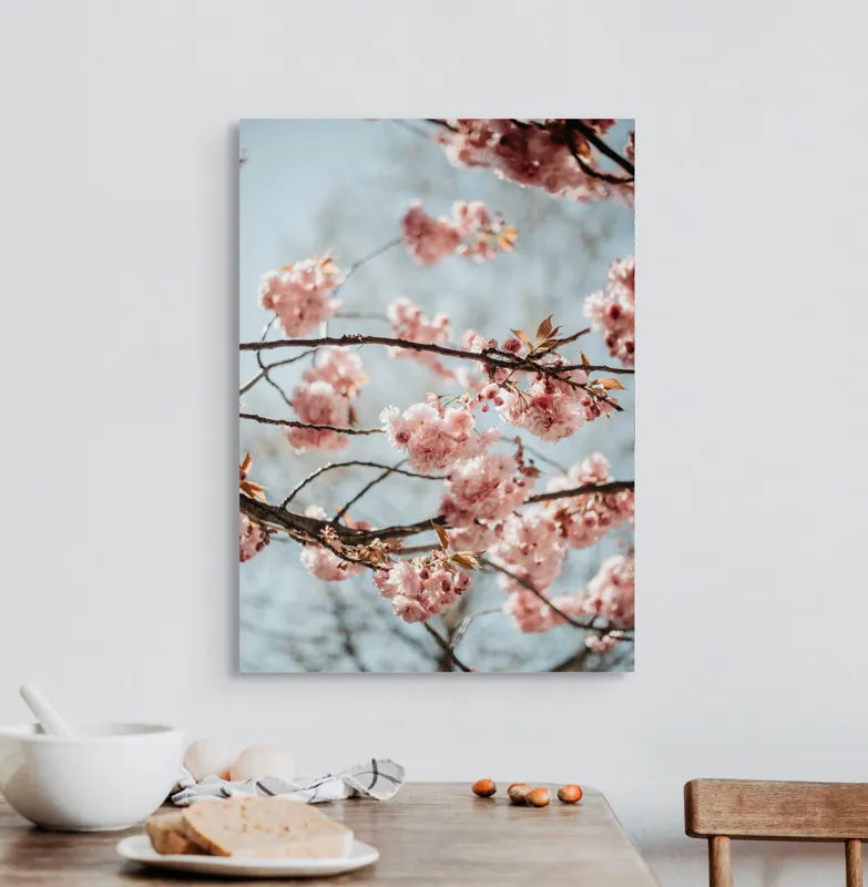 Tablou Canvas, "Sakura sub cer senin de primăvară", Flori, Roz, Crengi, Primăvară, Cer, Delicat, Natură, Petale, Frunze, Frumusețe, 50 x 70 cm – poza 3