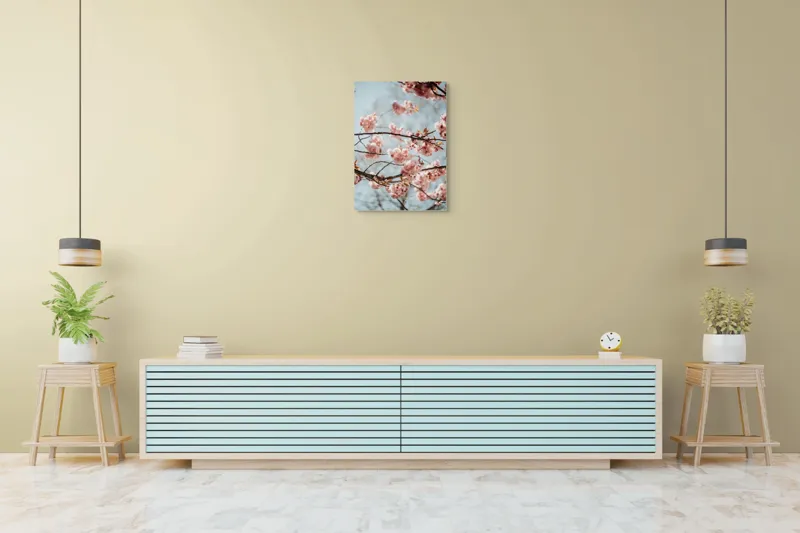 Tablou Canvas, "Sakura sub cer senin de primăvară", Flori, Roz, Crengi, Primăvară, Cer, Delicat, Natură, Petale, Frunze, Frumusețe, 50 x 70 cm – poza 6