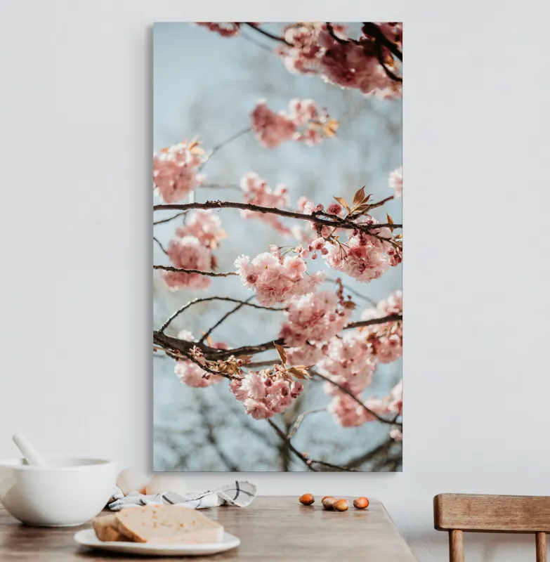 Tablou Canvas, "Sakura sub cer senin de primăvară", Flori, Roz, Crengi, Primăvară, Cer, Delicat, Natură, Petale, Frunze, Frumusețe, 50 x 90 cm – poza 3