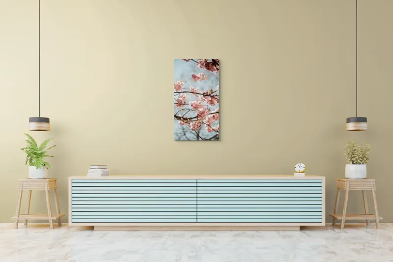Tablou Canvas, "Sakura sub cer senin de primăvară", Flori, Roz, Crengi, Primăvară, Cer, Delicat, Natură, Petale, Frunze, Frumusețe, 50 x 90 cm – poza 6