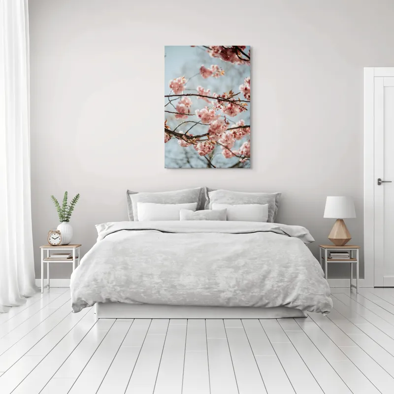 Tablou Canvas, "Sakura sub cer senin de primăvară", Flori, Roz, Crengi, Primăvară, Cer, Delicat, Natură, Petale, Frunze, Frumusețe, 70 x 100 cm – poza 3