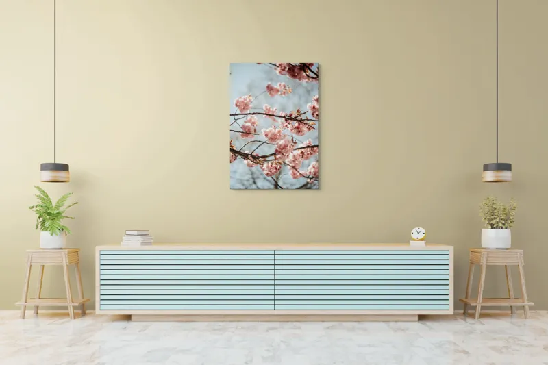 Tablou Canvas, "Sakura sub cer senin de primăvară", Flori, Roz, Crengi, Primăvară, Cer, Delicat, Natură, Petale, Frunze, Frumusețe, 70 x 100 cm – poza 5