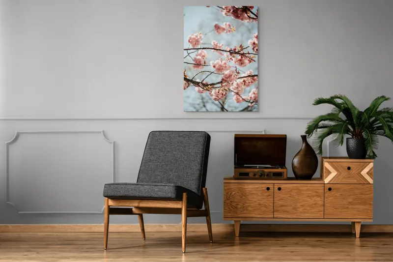 Tablou Canvas, "Sakura sub cer senin de primăvară", Flori, Roz, Crengi, Primăvară, Cer, Delicat, Natură, Petale, Frunze, Frumusețe, 70 x 100 cm – poza 6