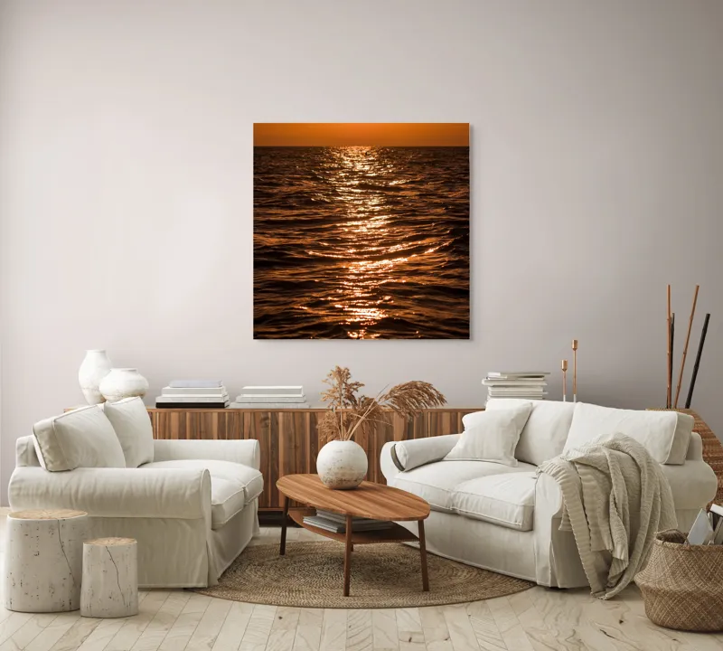 Tablou Canvas, "Orizontul liniștit la apus de soare", Apus, Ocean, Reflexii, Lumină, Aurie, Valuri, Cer, Păcii, 100 x 100 cm – poza 3