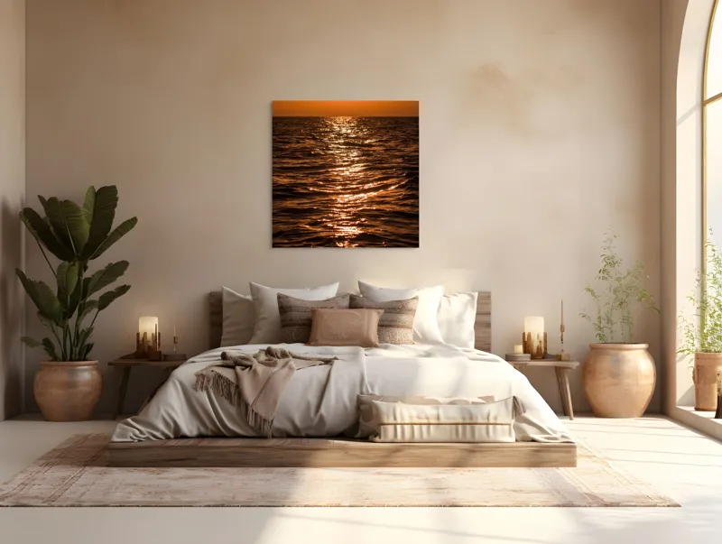Tablou Canvas, "Orizontul liniștit la apus de soare", Apus, Ocean, Reflexii, Lumină, Aurie, Valuri, Cer, Păcii, 100 x 100 cm – poza 4
