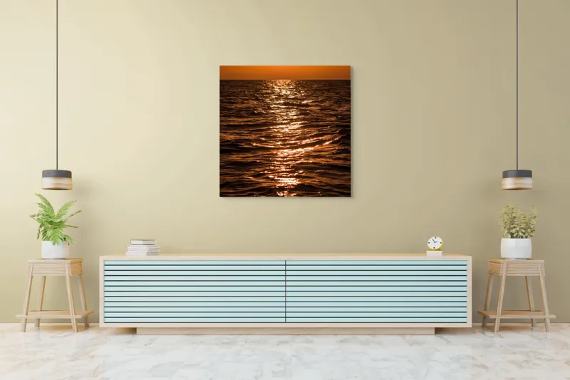 Tablou Canvas, "Orizontul liniștit la apus de soare", Apus, Ocean, Reflexii, Lumină, Aurie, Valuri, Cer, Păcii, 100 x 100 cm – poza 5