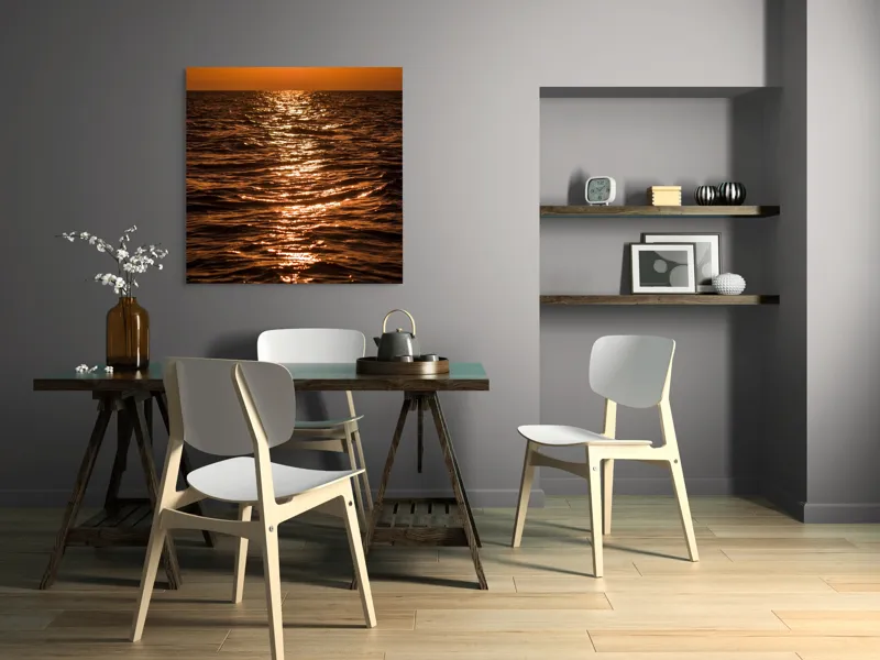 Tablou Canvas, "Orizontul liniștit la apus de soare", Apus, Ocean, Reflexii, Lumină, Aurie, Valuri, Cer, Păcii, 100 x 100 cm – poza 6