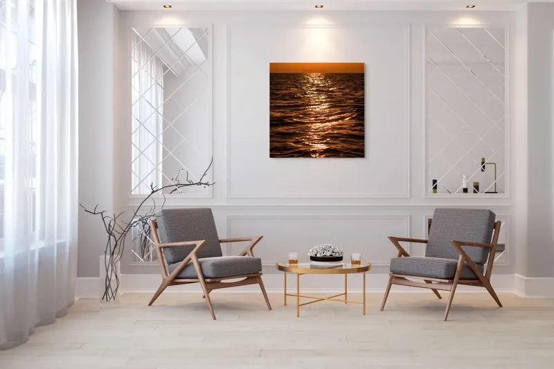 Tablou Canvas, "Orizontul liniștit la apus de soare", Apus, Ocean, Reflexii, Lumină, Aurie, Valuri, Cer, Păcii, 100 x 100 cm – poza 7