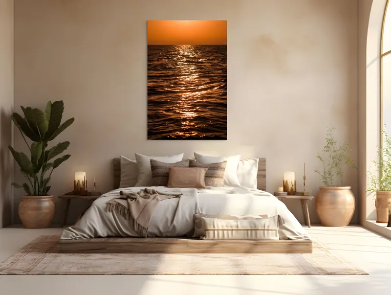 Tablou Canvas, "Orizontul liniștit la apus de soare", Apus, Ocean, Reflexii, Lumină, Aurie, Valuri, Cer, Păcii, 100 x 150 cm – poza 3