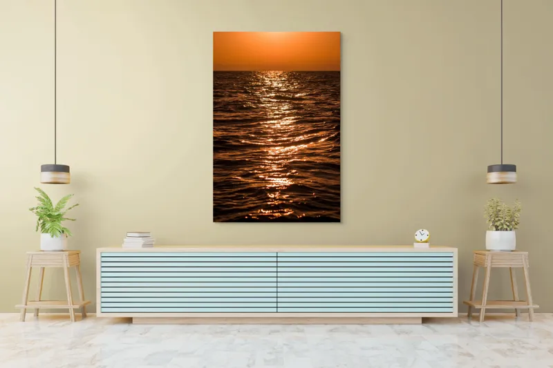 Tablou Canvas, "Orizontul liniștit la apus de soare", Apus, Ocean, Reflexii, Lumină, Aurie, Valuri, Cer, Păcii, 100 x 150 cm – poza 4