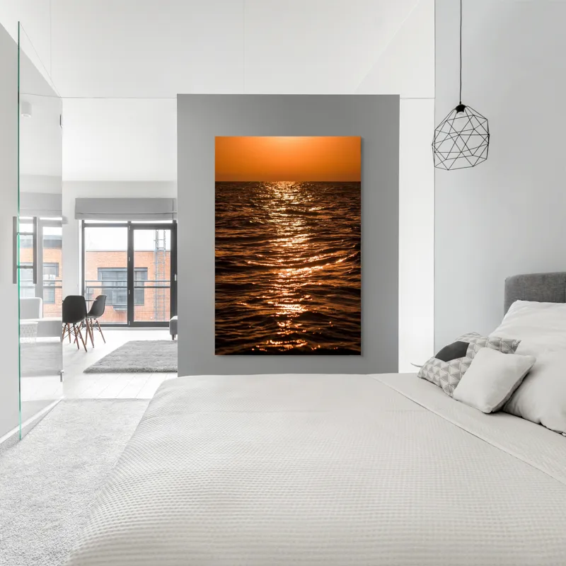 Tablou Canvas, "Orizontul liniștit la apus de soare", Apus, Ocean, Reflexii, Lumină, Aurie, Valuri, Cer, Păcii, 100 x 150 cm – poza 5