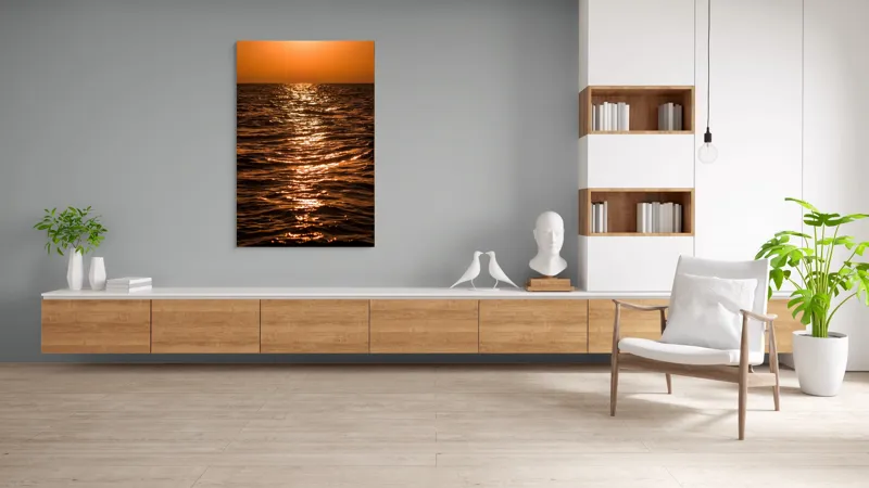 Tablou Canvas, "Orizontul liniștit la apus de soare", Apus, Ocean, Reflexii, Lumină, Aurie, Valuri, Cer, Păcii, 100 x 150 cm – poza 8
