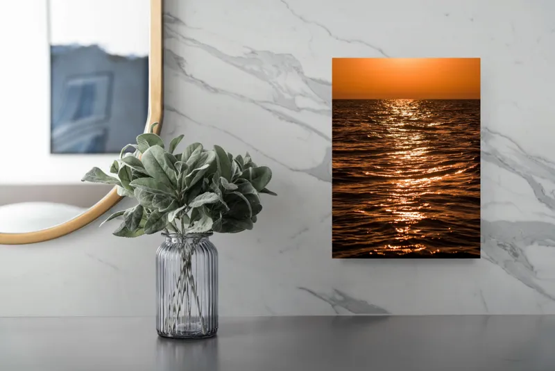 Tablou Canvas, "Orizontul liniștit la apus de soare", Apus, Ocean, Reflexii, Lumină, Aurie, Valuri, Cer, Păcii, 26 x 39 cm – poza 4