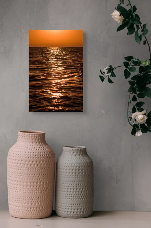 Tablou Canvas, "Orizontul liniștit la apus de soare", Apus, Ocean, Reflexii, Lumină, Aurie, Valuri, Cer, Păcii, 26 x 39 cm – poza 6