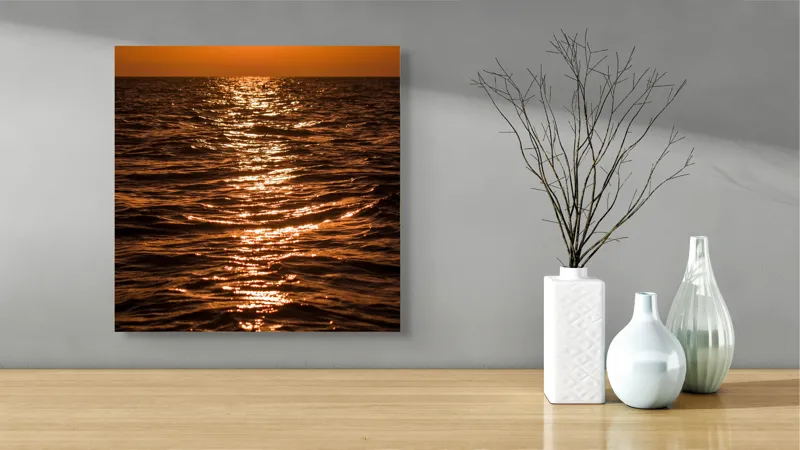 Tablou Canvas, "Orizontul liniștit la apus de soare", Apus, Ocean, Reflexii, Lumină, Aurie, Valuri, Cer, Păcii, 50 x 50 cm – poza 3