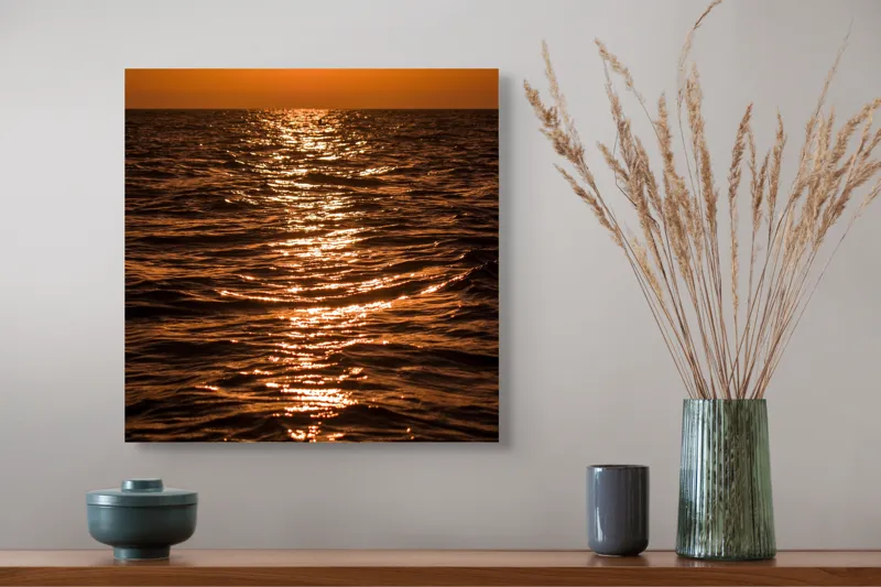 Tablou Canvas, "Orizontul liniștit la apus de soare", Apus, Ocean, Reflexii, Lumină, Aurie, Valuri, Cer, Păcii, 50 x 50 cm – poza 4