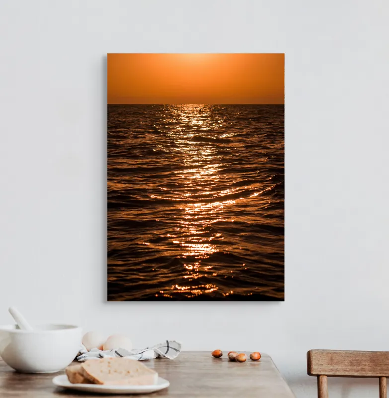 Tablou Canvas, "Orizontul liniștit la apus de soare", Apus, Ocean, Reflexii, Lumină, Aurie, Valuri, Cer, Păcii, 50 x 70 cm – poza 3